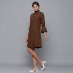 Brown Warm Cotton Corduroy High Neck Short Dress