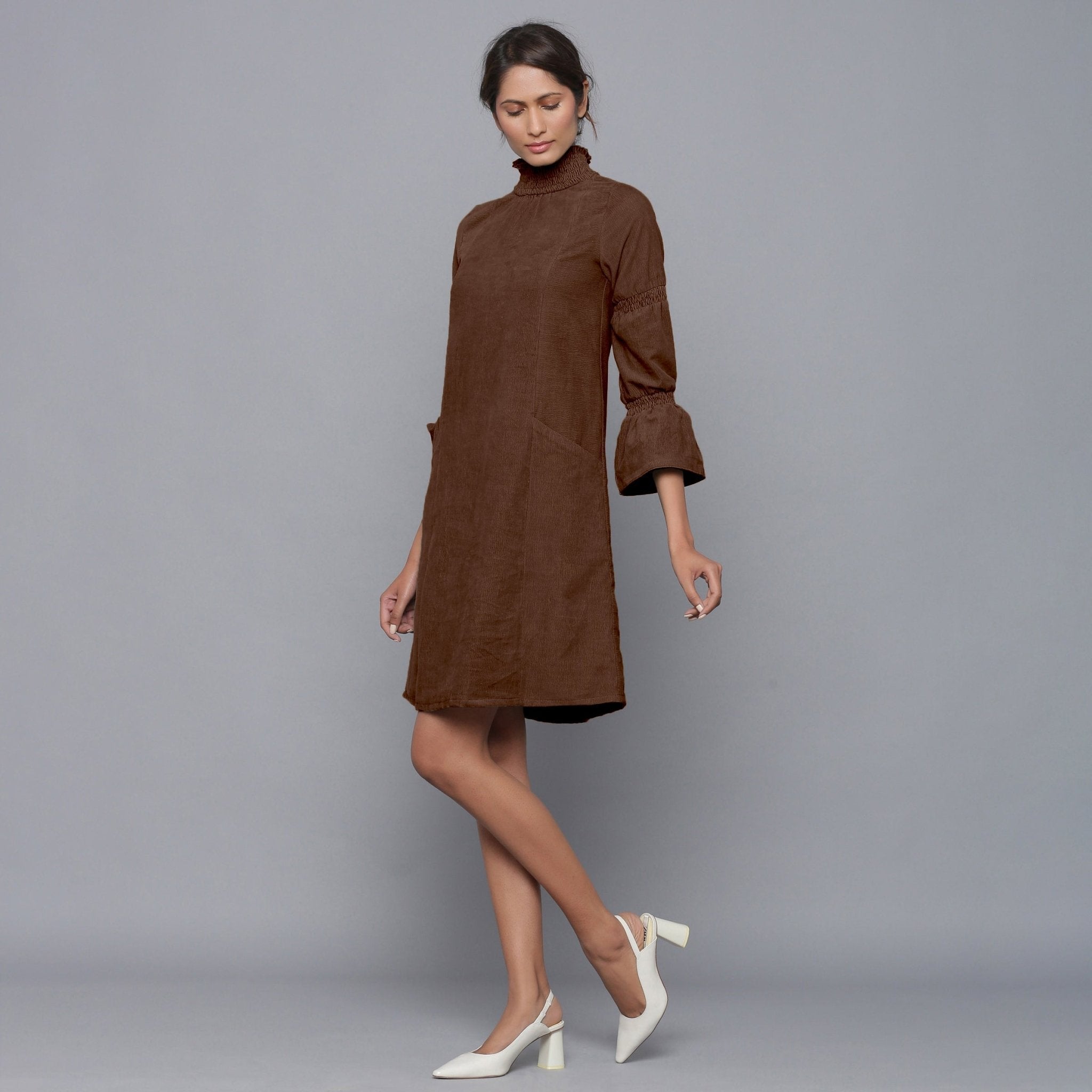 Brown Warm Cotton Corduroy High Neck Short Dress