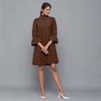 Brown Warm Cotton Corduroy High Neck Short Dress