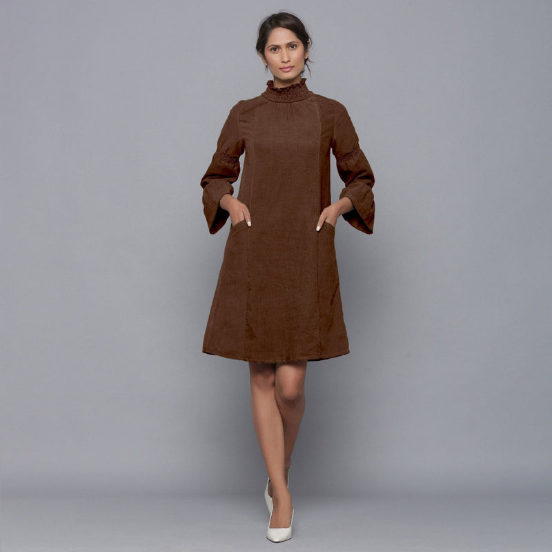 Brown Warm Cotton Corduroy High Neck Short Dress