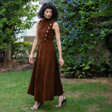 Brown Warm Cotton Corduroy High-Neck Sleeveless Slit Dress