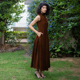 Brown Warm Cotton Corduroy High-Neck Sleeveless Slit Dress