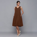 Brown Warm Cotton Corduroy Knee Length Flared Dress