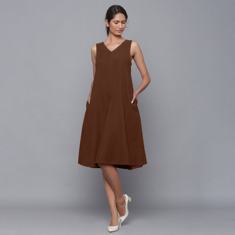 Brown Warm Cotton Corduroy Knee Length Flared Dress