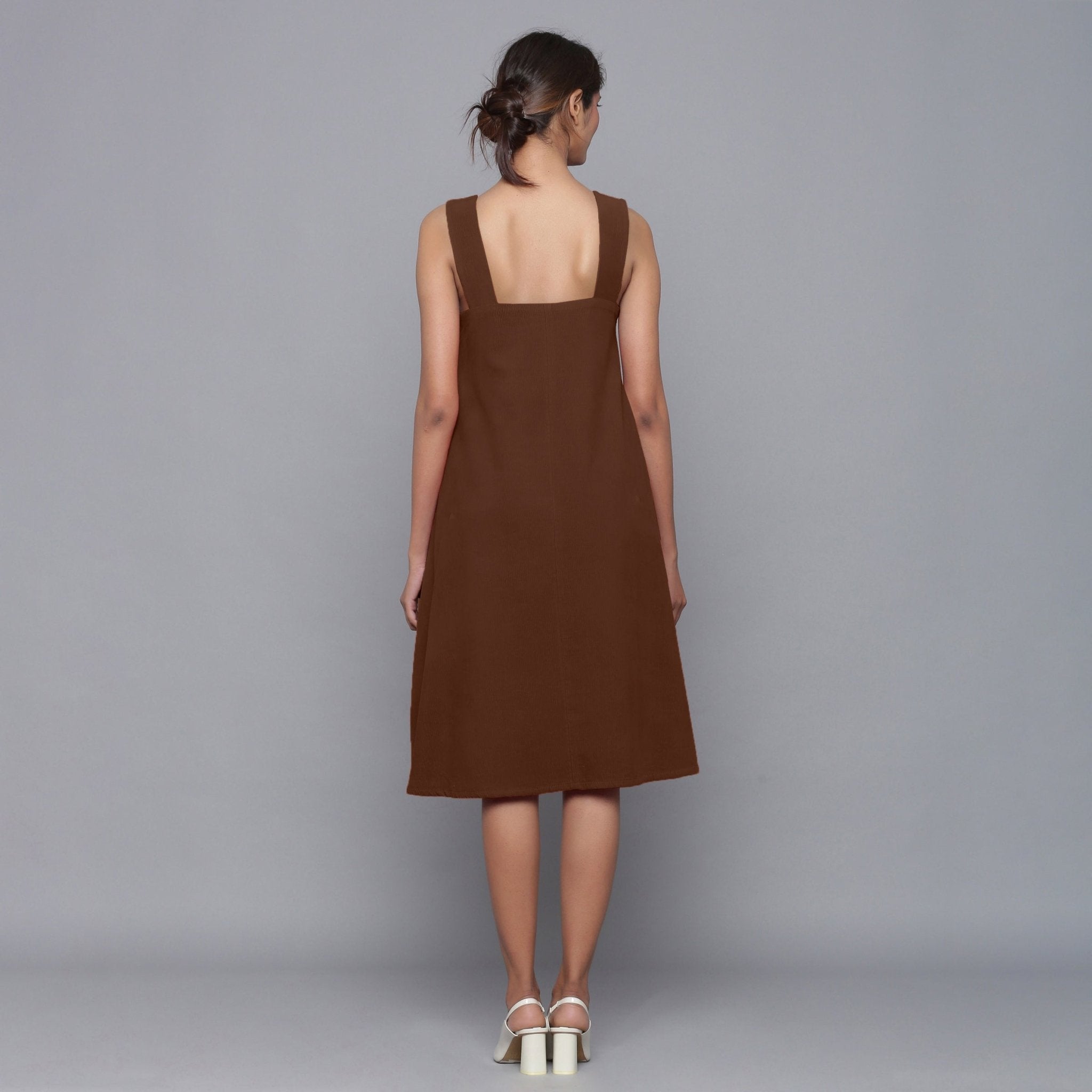 Brown Warm Cotton Corduroy Knee Length Flared Dress