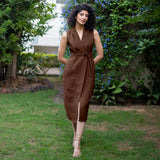 Brown Warm Cotton Corduroy Sleeveless Midi Blazer Dress