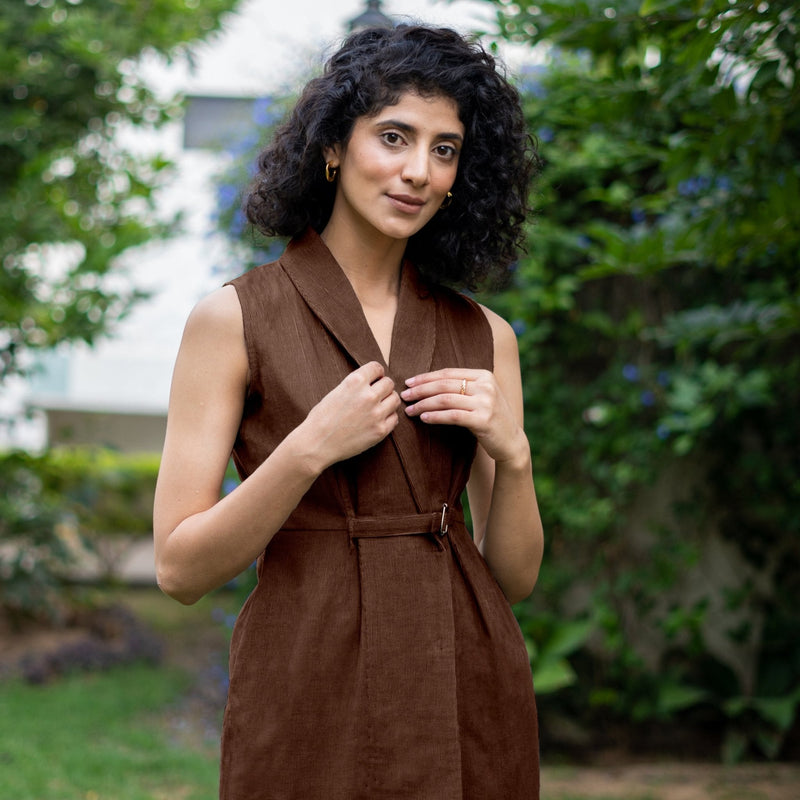 Brown Warm Cotton Corduroy Sleeveless Midi Blazer Dress