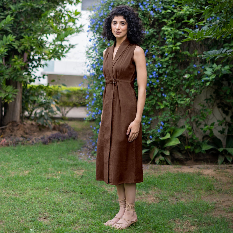 Brown Warm Cotton Corduroy Sleeveless Midi Blazer Dress