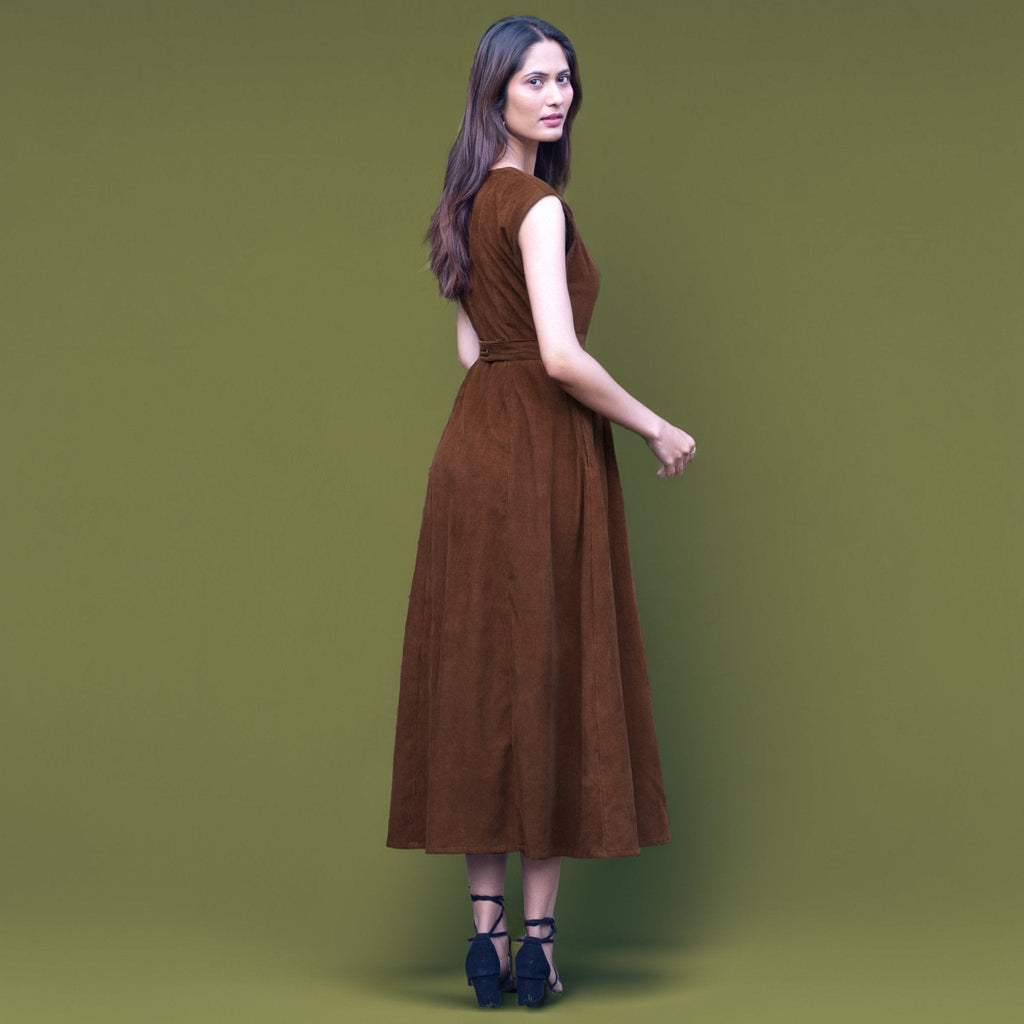 Brown Warm Cotton Corduroy Sleeveless Midi Wrap Dress