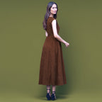 Brown Warm Cotton Corduroy Sleeveless Midi Wrap Dress