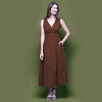 Brown Warm Cotton Corduroy Sleeveless Midi Wrap Dress