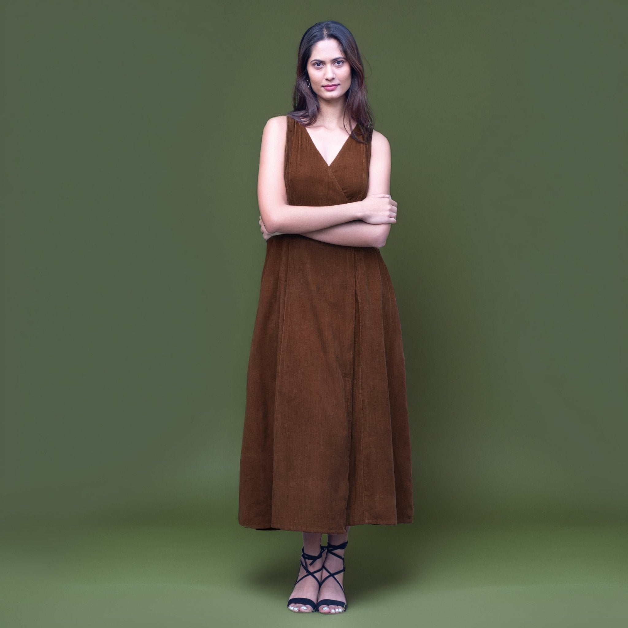 Brown Warm Cotton Corduroy Sleeveless Midi Wrap Dress