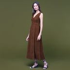 Brown Warm Cotton Corduroy Sleeveless Midi Wrap Dress