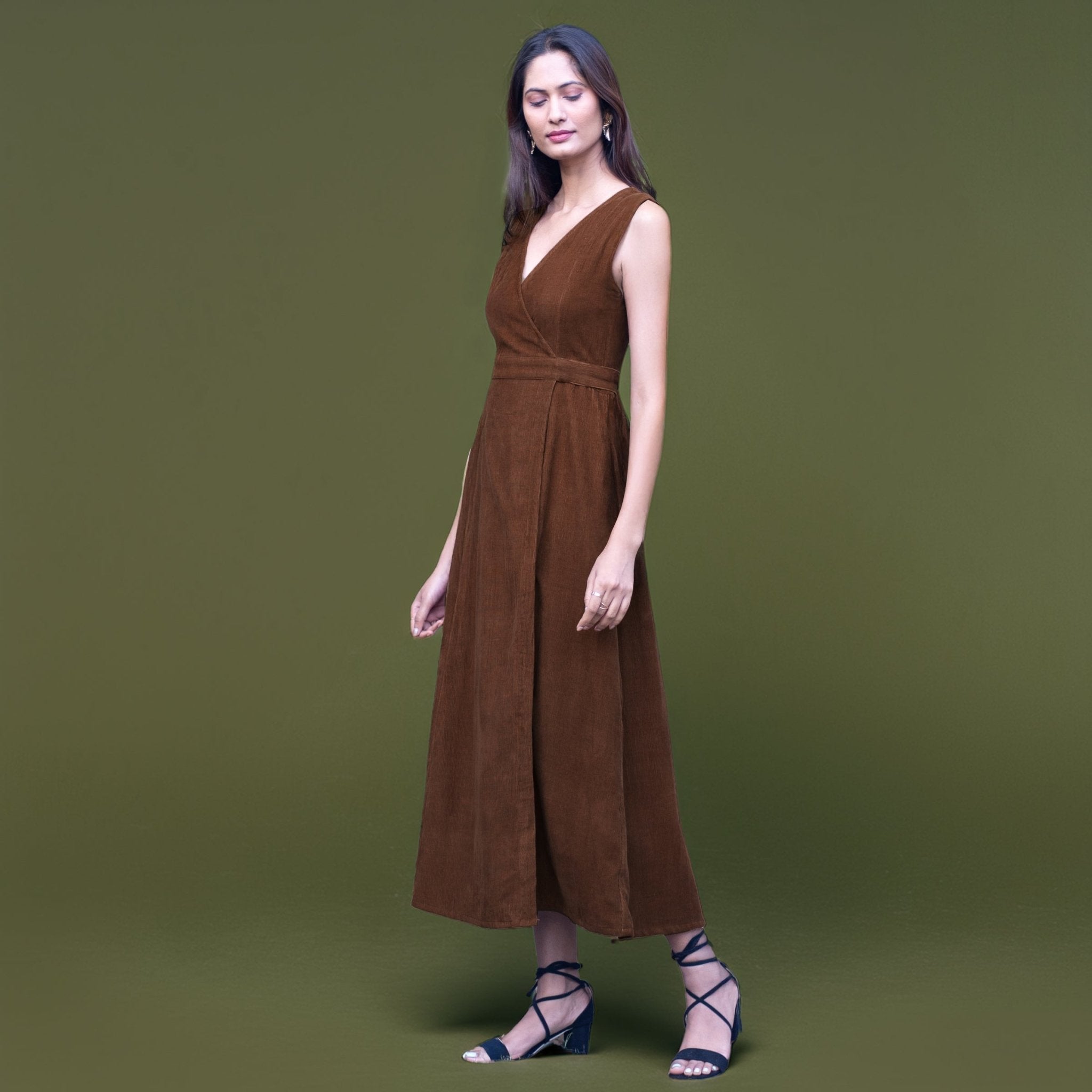 Brown Warm Cotton Corduroy Sleeveless Midi Wrap Dress