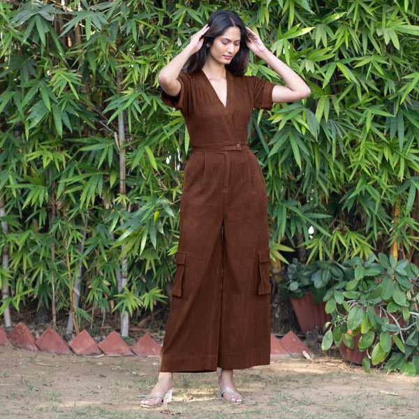 Brown Warm Cotton Corduroy Wide Legged Wrap Cargo Jumpsuit