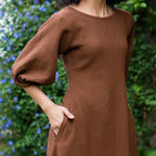 Brown Warm Cotton Waffle Fit and Flare Balloon Sleeves Maxi Dress