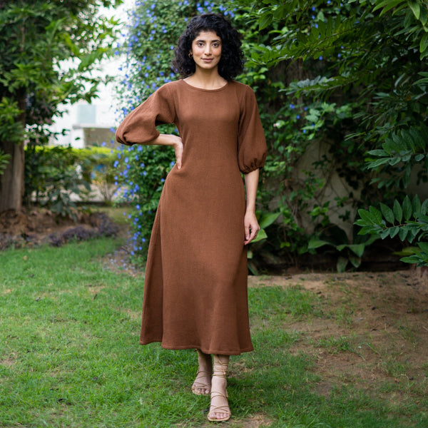 Brown Warm Cotton Waffle Fit and Flare Balloon Sleeves Maxi Dress