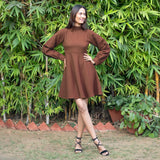 Brown Warm Cotton Waffle Fit and Flare Short Dress