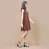 Brown Warm Cotton Waffle Fit and Flare Short Sleeveless Dress