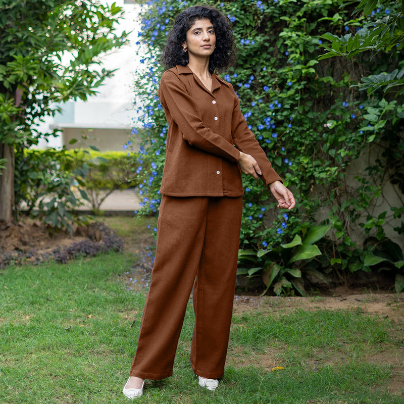 Brown Warm Cotton Waffle High-Rise  Elasticated Pant