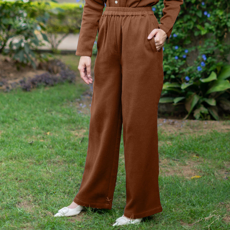 Brown Warm Cotton Waffle High-Rise  Elasticated Pant