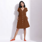 Brown Warm Cotton Waffle Knee Length Button-Down Dress