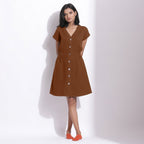 Brown Warm Cotton Waffle Knee Length Button-Down Dress