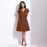 Brown Warm Cotton Waffle Knee Length Button-Down Dress