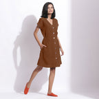 Brown Warm Cotton Waffle Knee Length Button-Down Dress