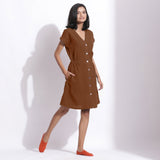 Brown Warm Cotton Waffle Knee Length Button-Down Dress