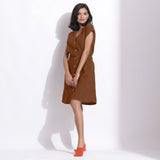 Brown Warm Cotton Waffle Knee Length Button-Down Dress