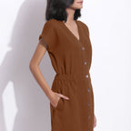 Brown Warm Cotton Waffle Knee Length Button-Down Dress