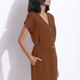 Brown Warm Cotton Waffle Knee Length Button-Down Dress