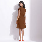 Brown Warm Cotton Waffle Knee Length Button-Down Dress