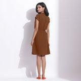 Brown Warm Cotton Waffle Knee Length Button-Down Dress