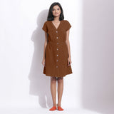 Brown Warm Cotton Waffle Knee Length Button-Down Dress