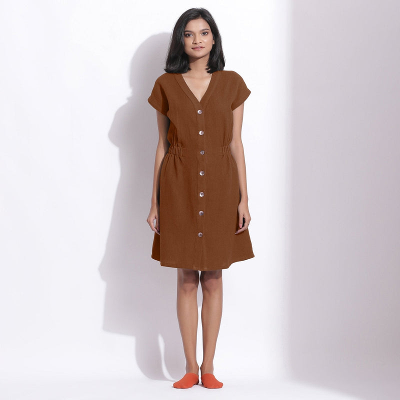 Brown Warm Cotton Waffle Knee Length Button-Down Dress