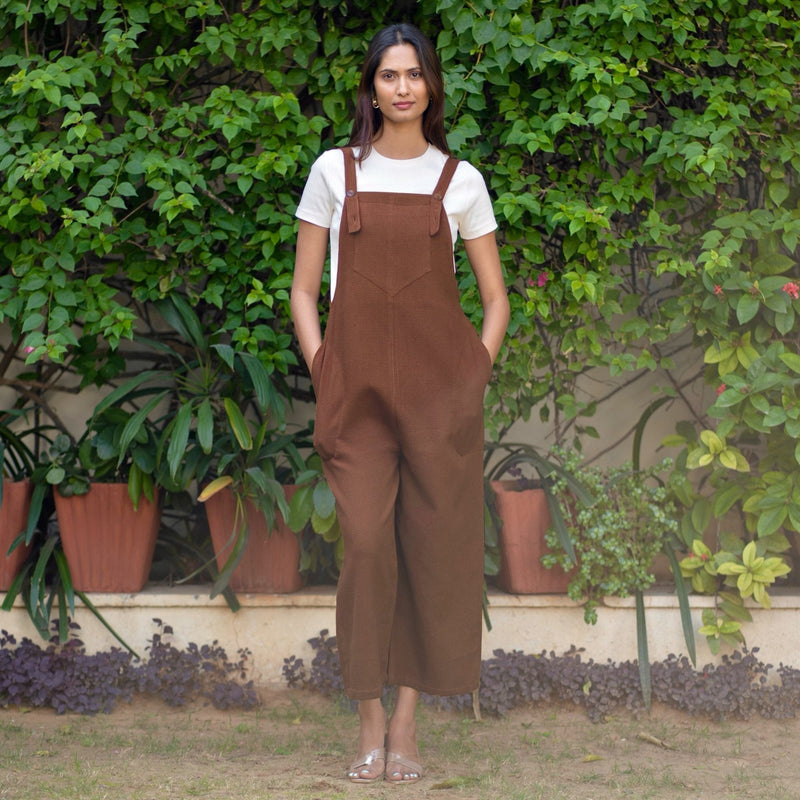 Brown Warm Cotton Waffle Midi Dungaree Jumpsuit