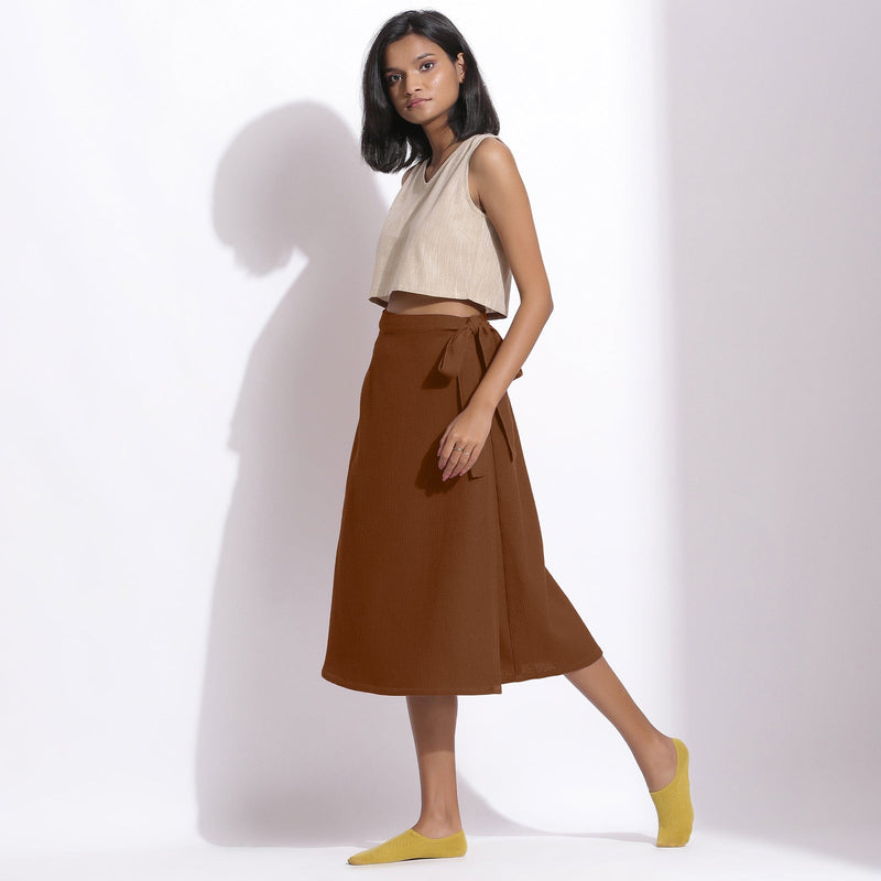 Brown Warm Cotton Waffle Midi Wrap Skirt