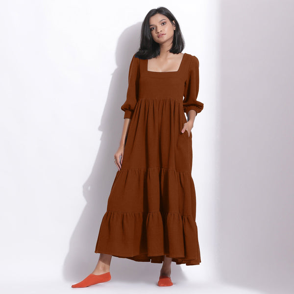 Brown Warm Cotton Waffle Tier Maxi Dress