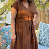 Brown Warm Cotton Waffle V-Neck Fit and Flare Midi Dress