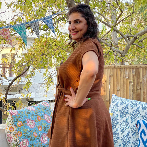 Brown Warm Cotton Waffle V-Neck Fit and Flare Midi Dress