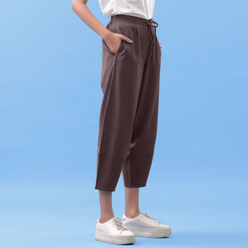 Brown Cotton Flax Elasticated Paneled Pant