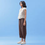 Brown Cotton Flax Elasticated Paneled Pant