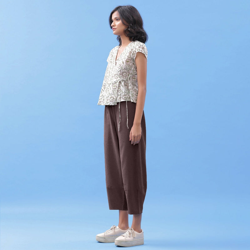 Brown Cotton Flax Elasticated Paneled Pant