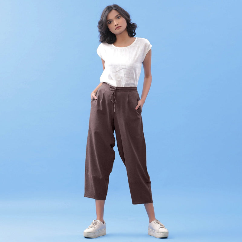 Brown Cotton Flax Elasticated Paneled Pant