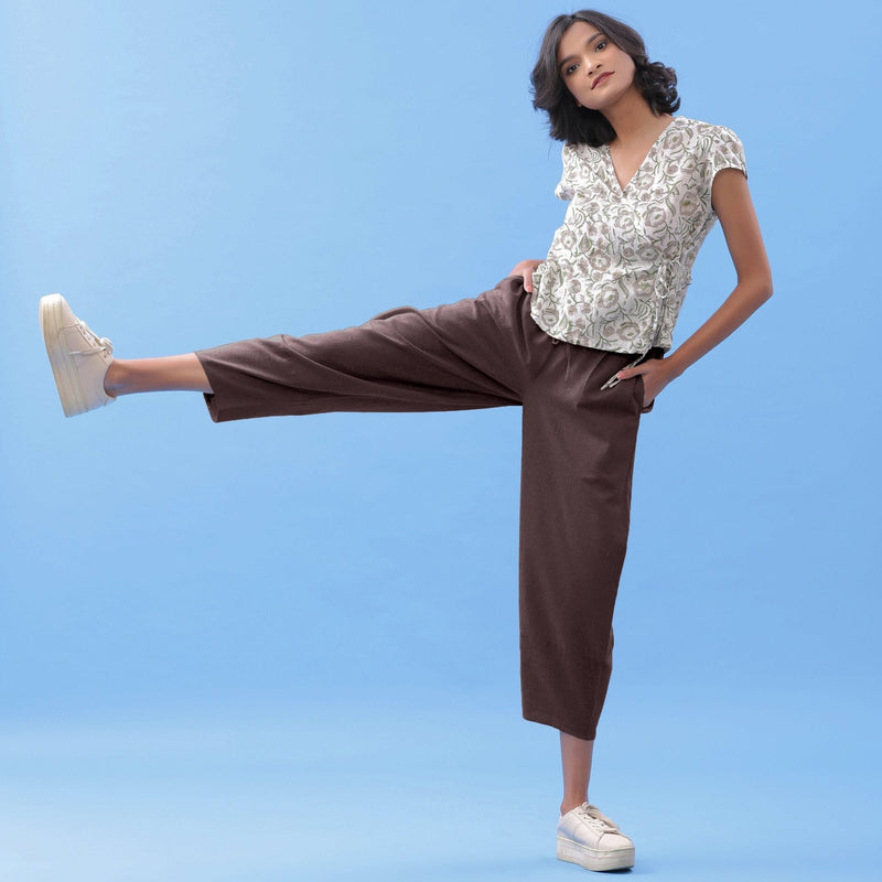 Brown Cotton Flax Elasticated Paneled Pant