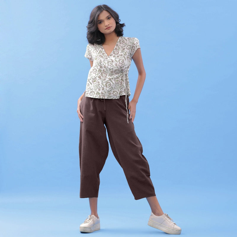 Brown Cotton Flax Elasticated Paneled Pant