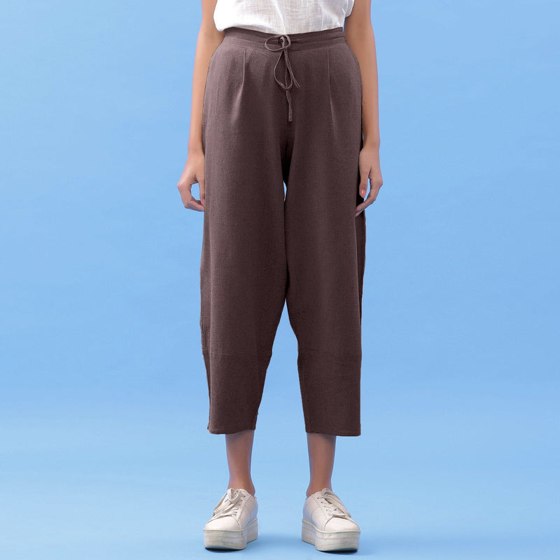 Brown Cotton Flax Elasticated Paneled Pant