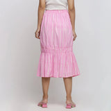 Back View of a Model wearing Bubblegum Pink Tie-Dye Cotton Elasticated Midi Balloon Skirt